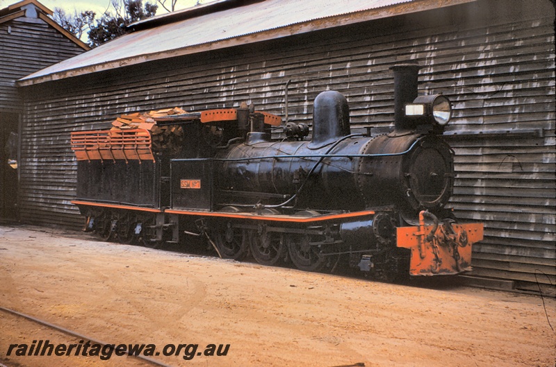 T04983
SSM loco No 7, wooden buildings, Shannon River Mill, side and front view
