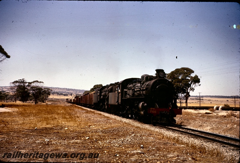 T05004
PM class 705, V class loco, double heading No 104 goods train, between Cunderdin and Waeel, EGR line
