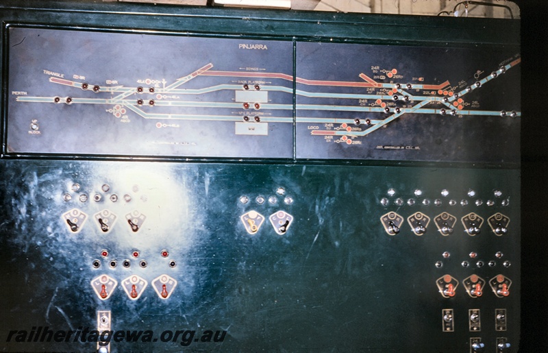 T05105
CTC control panel, showing illuminated track diagram and switches, Pinjarra, SWR line
