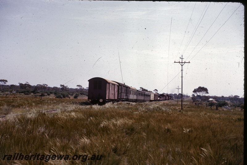 T05263
Diesel loco hauling mixed No 191, train moving away from camera, house, country setting, PN line, view from trackside 
