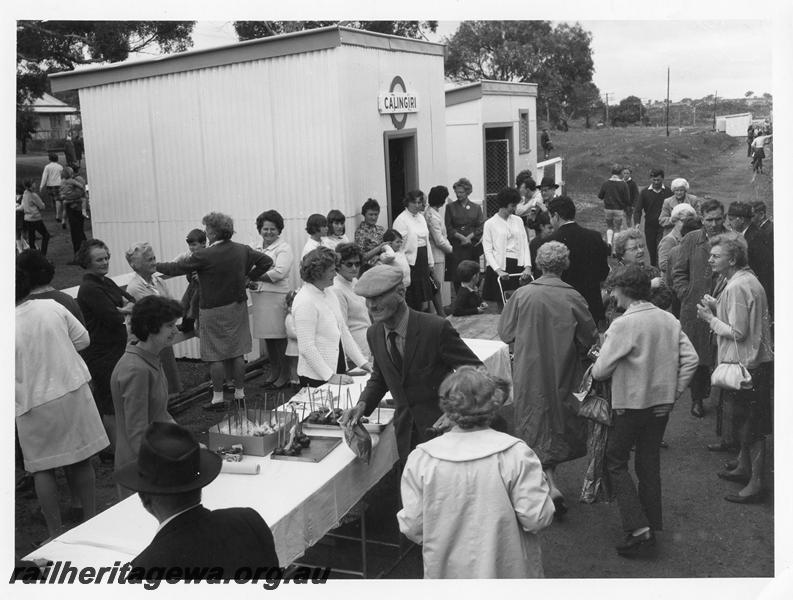 P00037
Station buildings Calingiri, CM line, view shows passengers from an ARHS tour train in front of the buildings 
