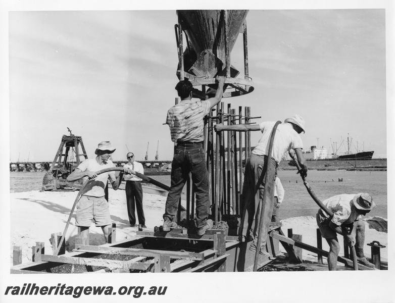 P00045
8 of 98 images showing views and aspects of the construction of the steel girder bridge with concrete pylons across the Swan River at North Fremantle.
