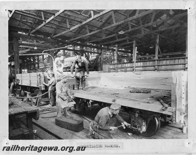 P00136
Workmen rebuilding 4 four wheel wagons, possibly I class wagons, MRWA Workshops, internal view, Midland
