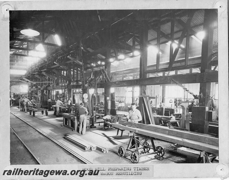 P00138
Wood Mill, MRWA Workshops, Midland, preparing timber for wagon rebuilding, internal view.
