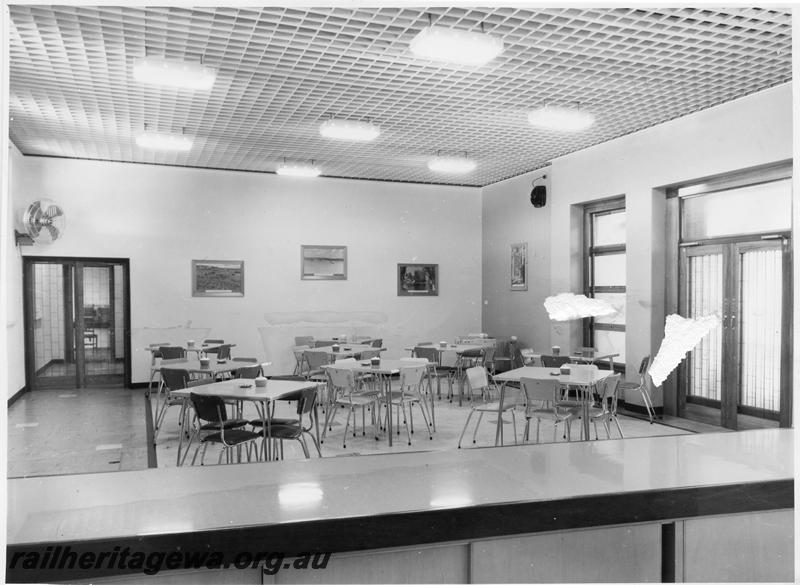 P00163
Dining room, Perth Station, internal view. Photo damaged.
