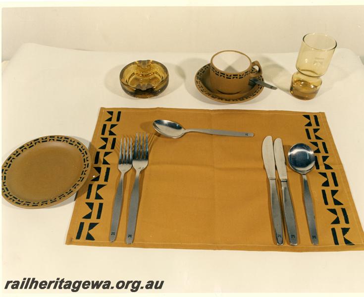 P00164
Table setting showing the settings in Westrail colours and motifs
