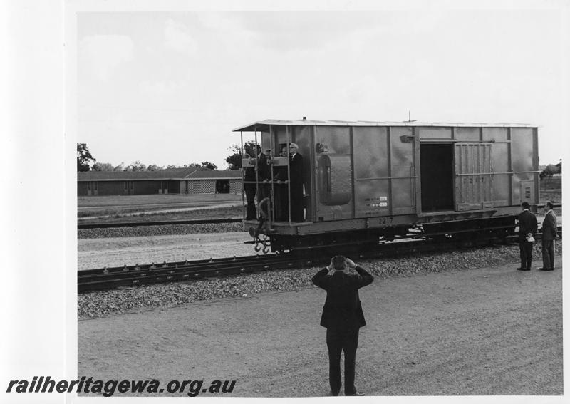 P00173
Z class 217 all steel brakevan, Minister for Railways and other dignitaries on the end platform at the opening of the Forrestfield Railway Complex. (ref: see the 