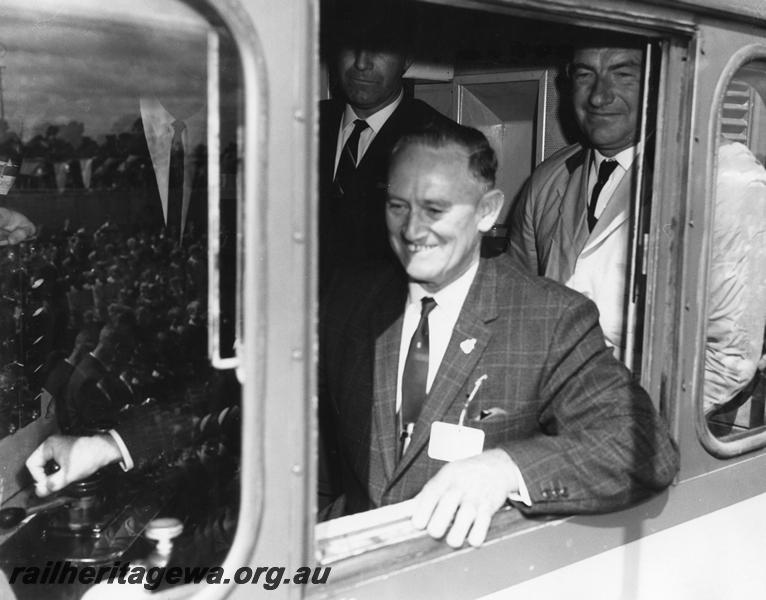 P00209
The Premier, Sir David Brand in the cab of a loco at the Standard Gauge ceremony at Kalgoorlie
