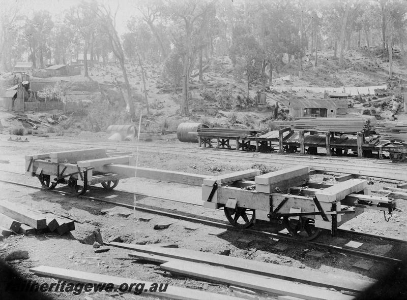 P00232
Timber jinker in yard, Jarrahdale, side and end view
