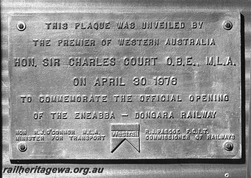 P00241
Plaque to commemorate the official opening of the Eneabba to Dongara Railway
