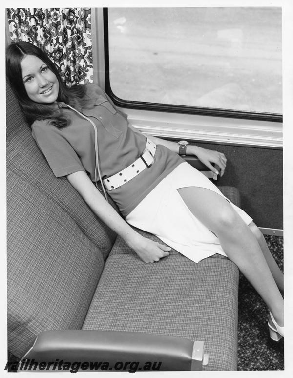 P00259
3 of 7 publicity images of passengers in the Prospector railcar
