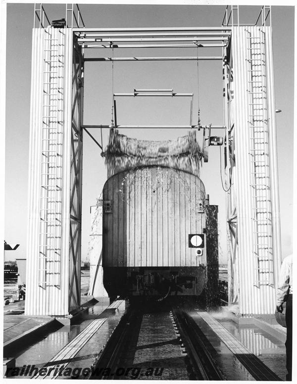 P00265
Indian Pacific carriage going through the coach Washing Plant, Forrestfield Yard, end view
