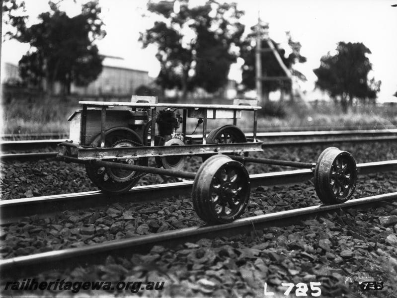 P00414
Motorised ganger's quadricycle (ganger's trolley), end and side view.
