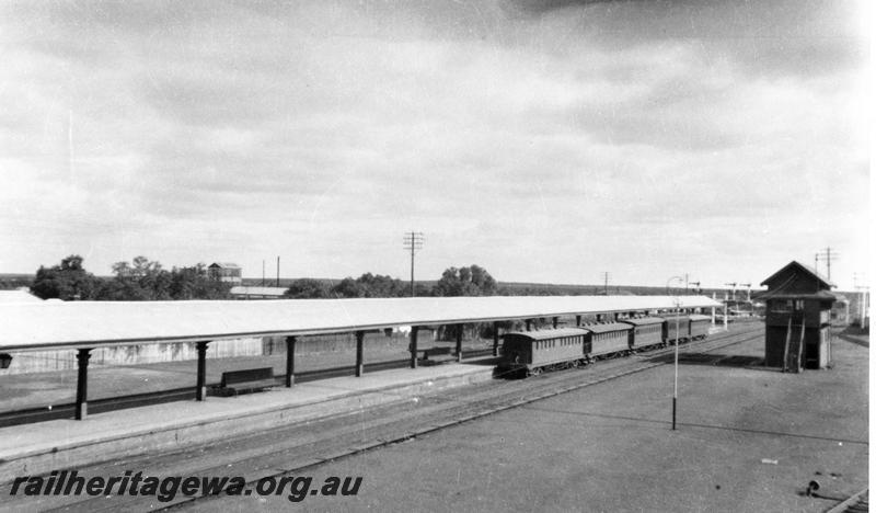 P00458
AG class carriages, station platform, signal box, Kalgoorlie, EGR line, view across yard looking west.
