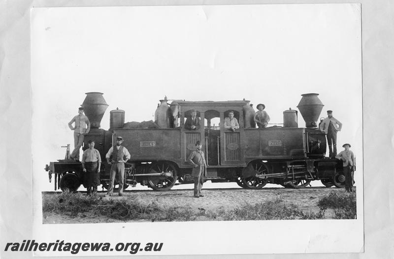 P00466
E class Fairlie No.2, later to be No.7. Geraldton, side view with all the Geraldton workshops staff in the view. The gentleman in the bowler hat is Mr Clough, the locomotive superintendent at Fremantle transferred to Geraldton to supervise the erection of Fairlie No.2, same as P0784
