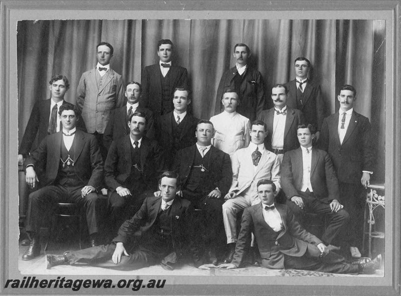 P00477
Group photo of the Commonwealth Railways (CR) Transportation Staff, Traffic Branch at the Parkeston Depot
