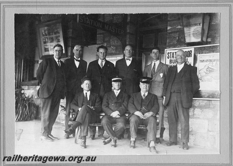 P00507
Kalgoorlie Station staff, group photo, names of the staff on the rear of the print.
