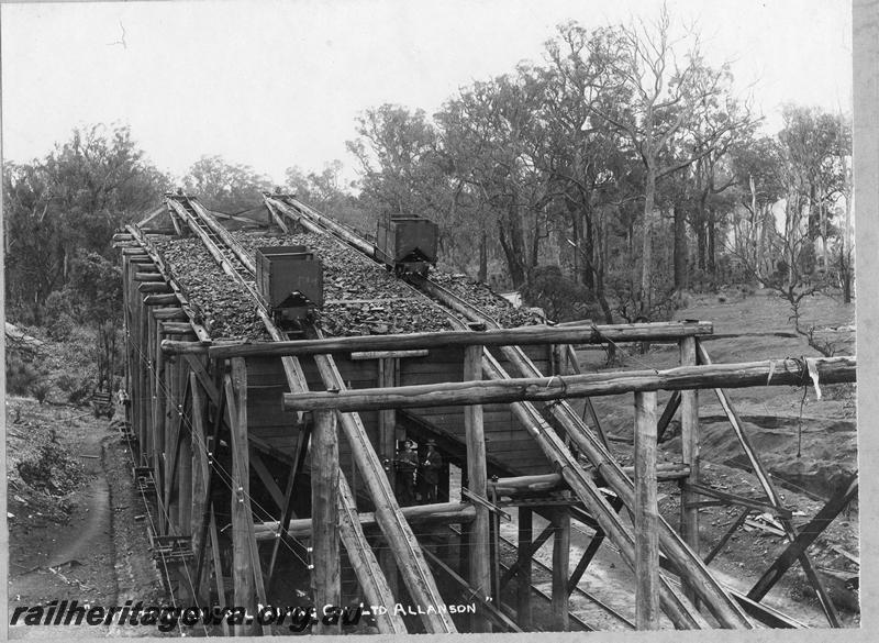 P00525
Coal skips on coal loader, Westralian Coal mining Coy Ltd, Allanson near Collie, view along the structure.
