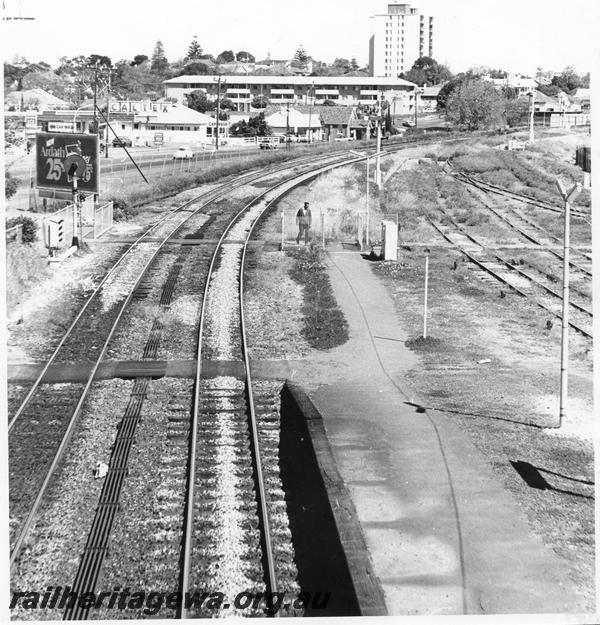 P00534
Track, point rodding, platform, Claremont, elevated view looking west from the end of the platform.
