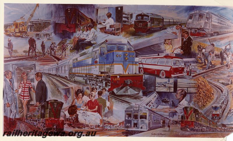 P00549
Artwork for the WAGR 1972 calendar, montage of scenes of WAGR activities
