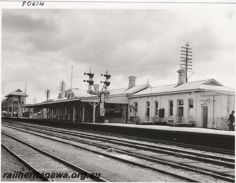 P00614
Station buildings, bracket signal, signal box, Northam, ER line, trackside view
