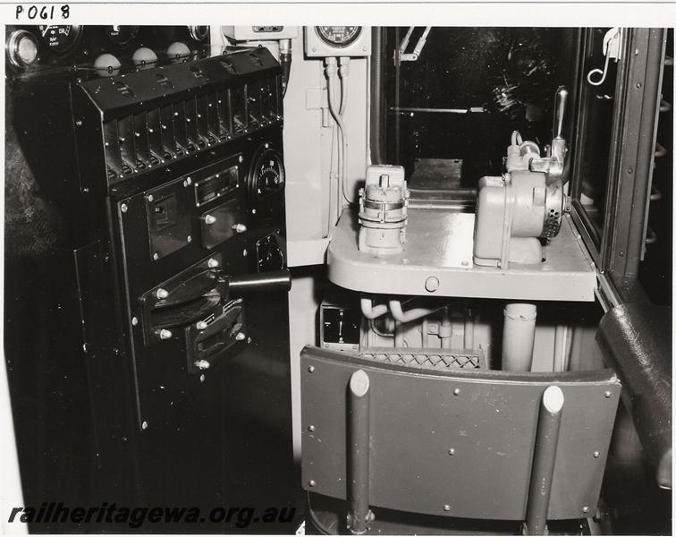 P00618
A class diesel loco, internal view of cab and controls
