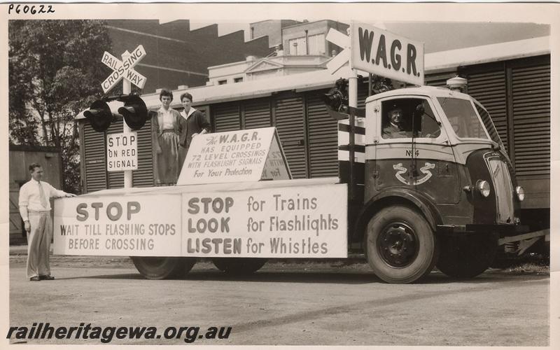 P00622
WAGR Railway Road Service truck No.4 with a safety display mounted on the tray
