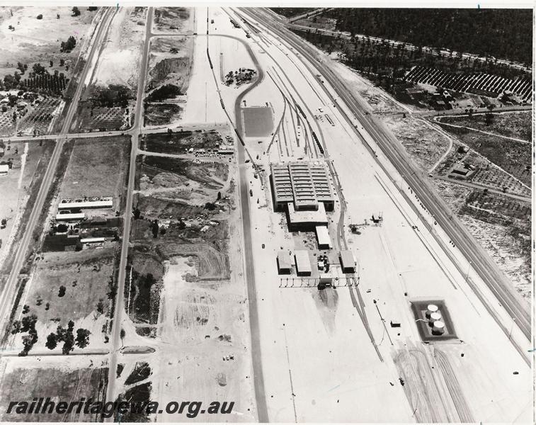 P00630
Loco depot, Forrestfield Yard, under construction, aerial view
