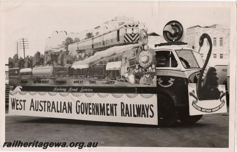 P00637
Railway Road Service truck No.15 with a display mounted on the tray promoting the WAGR
