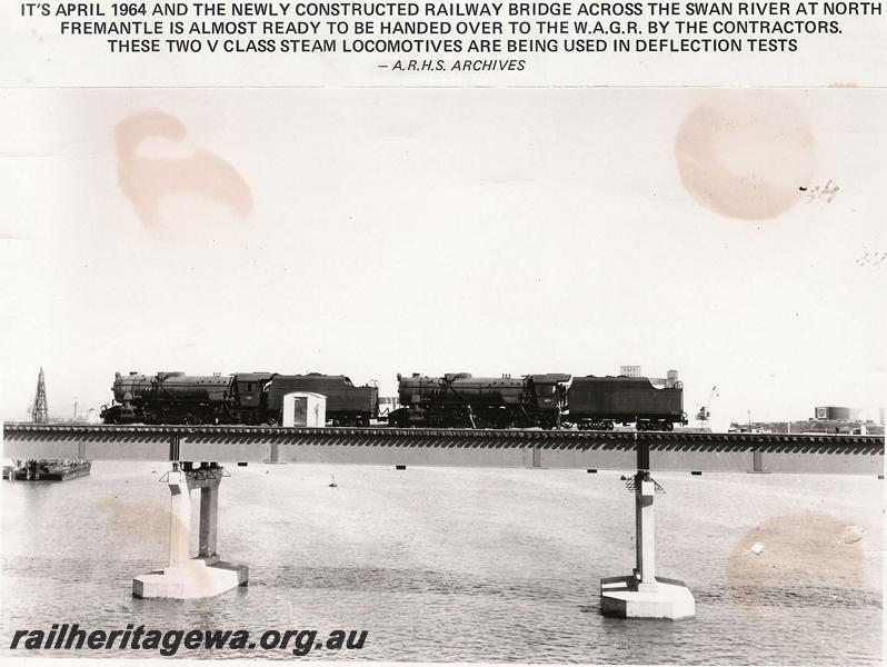 P00649
V classes, new Fremantle rail bridge, being used in deflection tests on bridge
