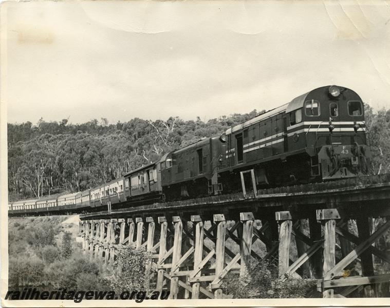 P00668
F class 43 double heading with F class 45, trestle bridge over the Hotham River at Tullis, ARHS tour train returning from Boddington, PN line
