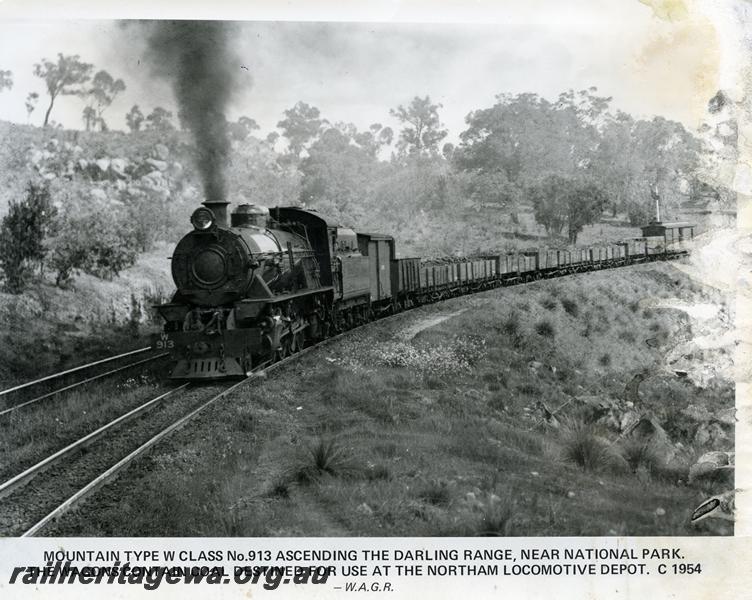 P00776
W class 913, near National Park, ER line, on coal train destined for Northam loco depot, damage to the RHS of the photo.
