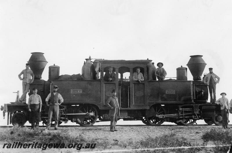 P00784
E class Fairlie No.2, later to be No.7. Geraldton, side view with all the Geraldton workshops staff in the view. The gentleman in the bowler hat is Mr Clough, the locomotive superintendent at Fremantle transferred to Geraldton to supervise the erection of Fairlie No.2
