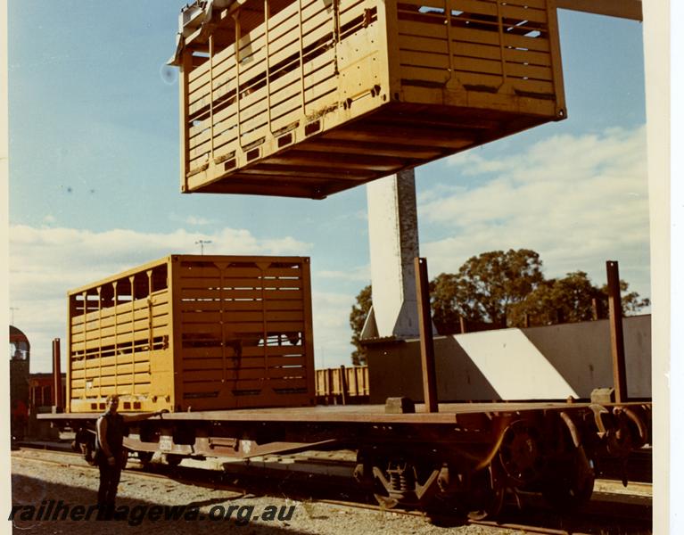 P00852
QUA class flat wagon, livestock containers, container crane, containers being loaded/unloaded onto flat wagon
