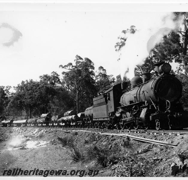 P00885
C class 436, hauling a train of logs, Banksiadale line, side and front view.
