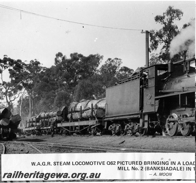 P00898
Q class 62, Banksiadale Mill, hauling a log train, side and front view of loco
