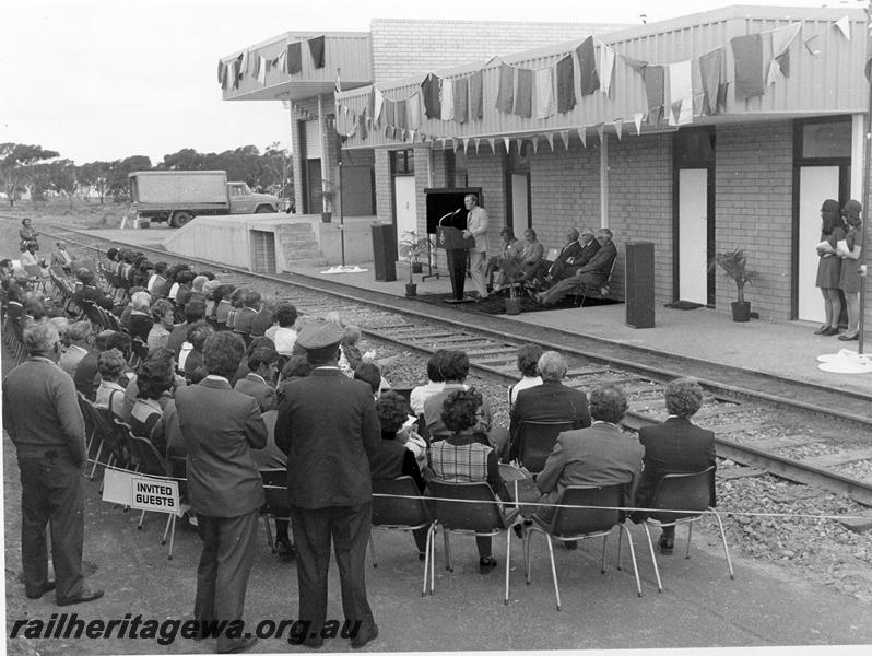 P00970
Station buildings, Norseman, CE line, the Minister for Railways, Mr R. O'Connor opening the new station building
