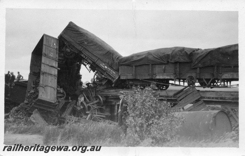 P01055
2 of 4 views of the derailment of No105 Mixed near Dumberning, BN line on the 14th of March, 1934, GA class, GC class 7709 and RA class 5056 in the consist.

