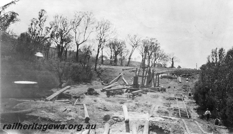 P01061
Trestle bridge, remains of after being burnt, near Boyup Brook, DK line, view along the line, possible the same location as P1058
