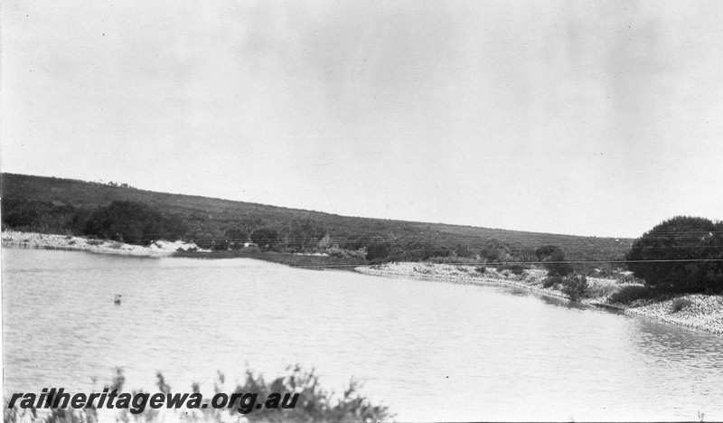 P01067
Railway dam at Kundip, 21 miles from Hopetoun, HR line, view across the dam showing the inlet.
