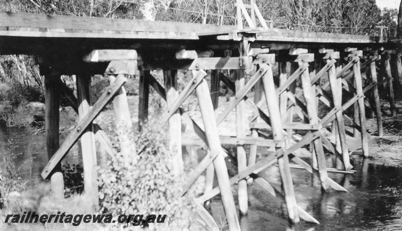 P01076
Trestle bridge over the Blackwood River, Nannup, WN line, looking along the bridge
