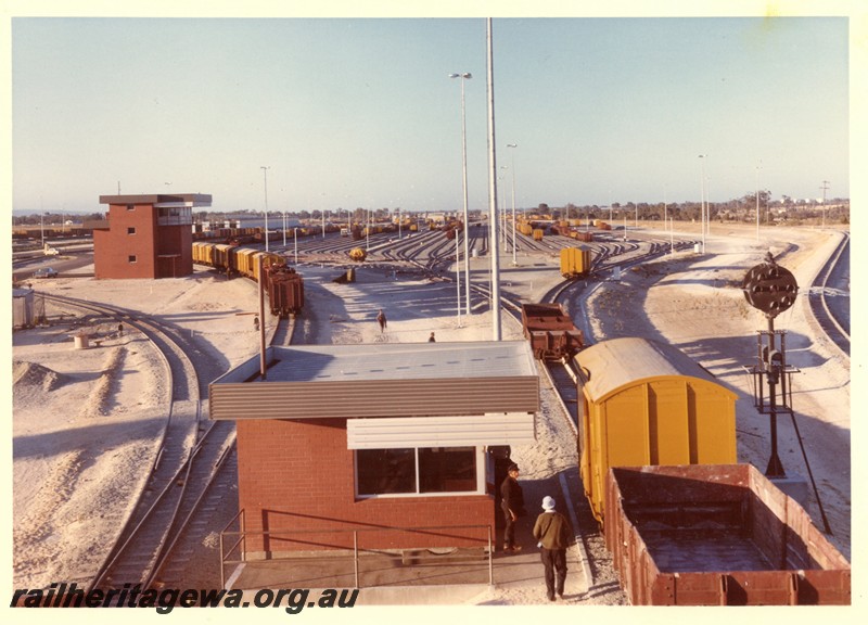 P01083
Hump Yard, Forrestfield Yard, wagons moving over the hump, elevated view down the yard
