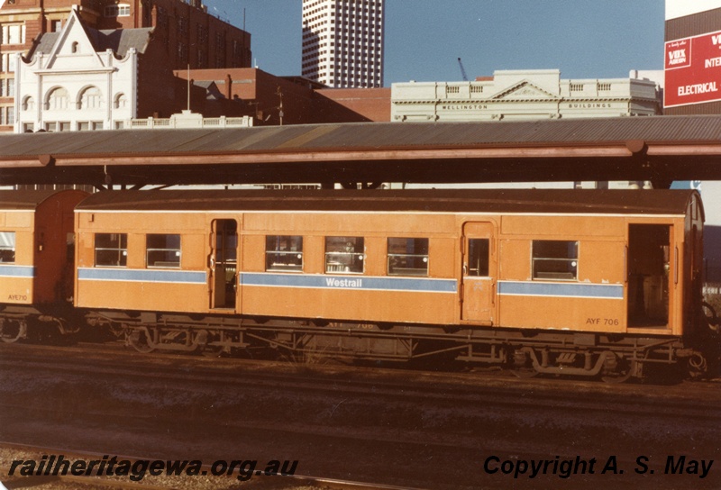 P01127
AYF class 706 carriage, orange livery, side view, Perth, ER line.
