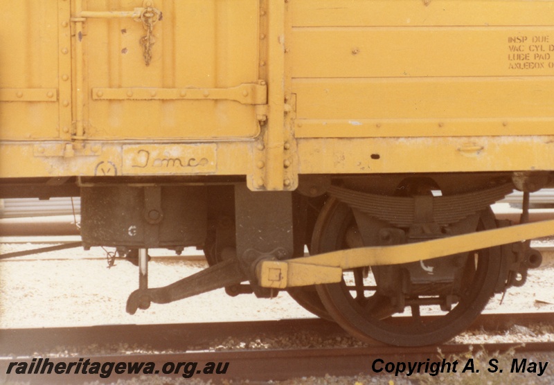 P01289
GE class four wheel open wagon, Robbs Jetty, view of the makers plate (builders plate) and brake details
