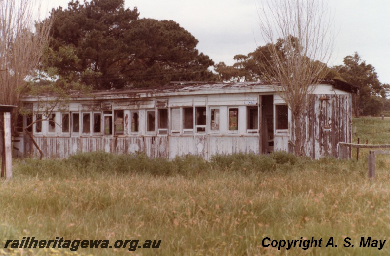 P01291
2 of 7 views of ex MRWA J class carriages abandoned on a property in South Guildford, now Rosehill, since demolished, side and end view of one of the carriages.
