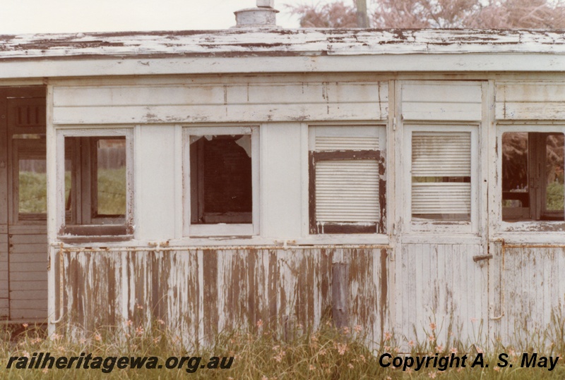 P01295
6 of 7 views of ex MRWA J class carriages abandoned on a property in South Guildford, now Rosehill, since demolished, view of two compartments
