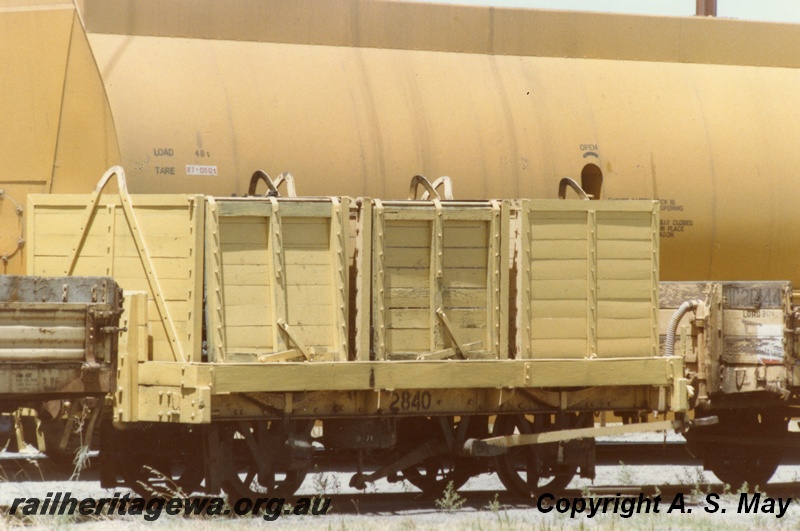 P01351
M class 2840 coal box wagon, yellow livery, Bunbury, SWR line, end and side view
