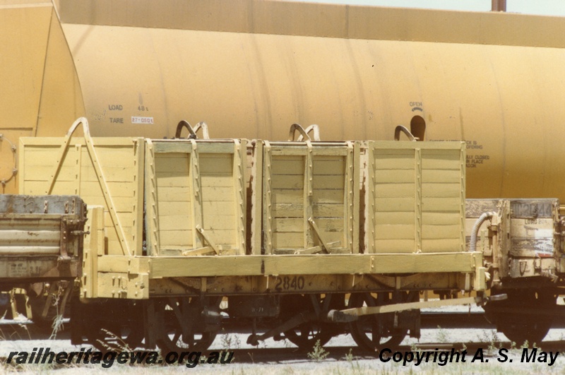 P01351
M class 2840 coal box wagon, yellow livery, Bunbury, SWR line, end and side view
