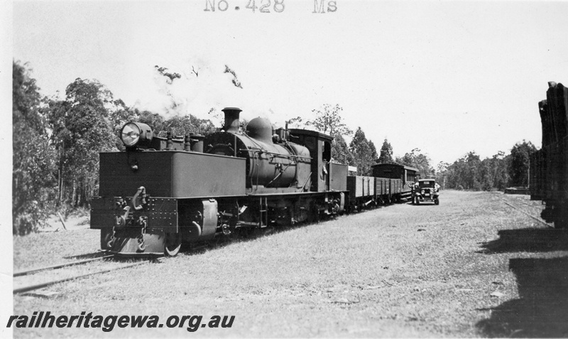 P01397
MS class 428 Garratt loco, Karragullen, UDRR line, on short goods train of three open wagons and an AD class carriage, front and side view
