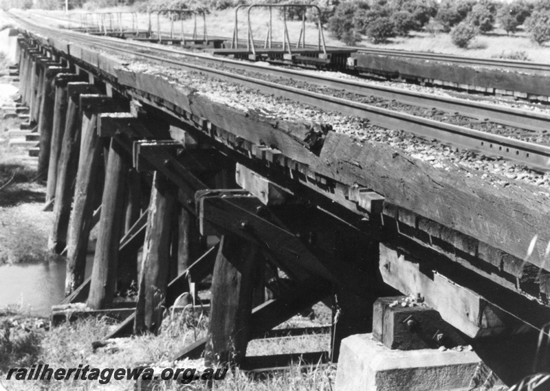 P01407
2 of 16 images of the pair of trestle bridges over the Canning River at Gosnells, SWR line, view along the bridge from the north.
